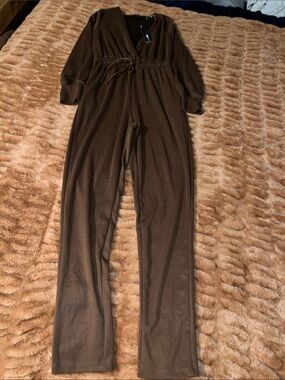 Fashion Nova Brown V-Neck Tie-Waist Jumpsuit